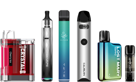 A selection of 5 different vape kit styles