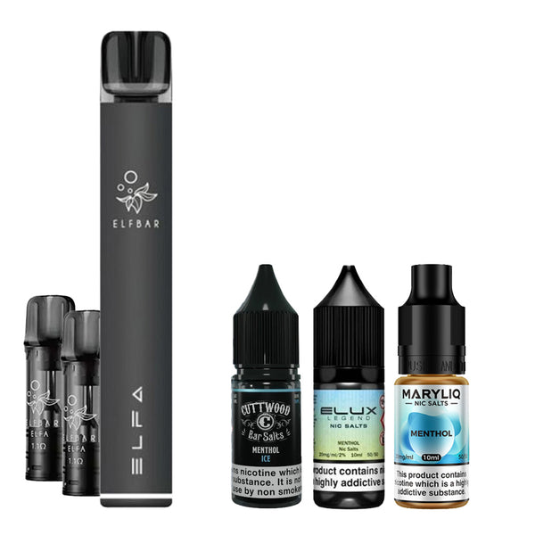 A Menthol flavour ELFA Pro Vape Kit Bundle. Includes 3 x Menthol e-liquids  and the Elf Bar ELFA Pro rechargeable device. Featuring QUAQ ultra-fine  mesh coils for the very best flavour. We are an official UK retailer of the Elf  Bar Elfa Pro range
